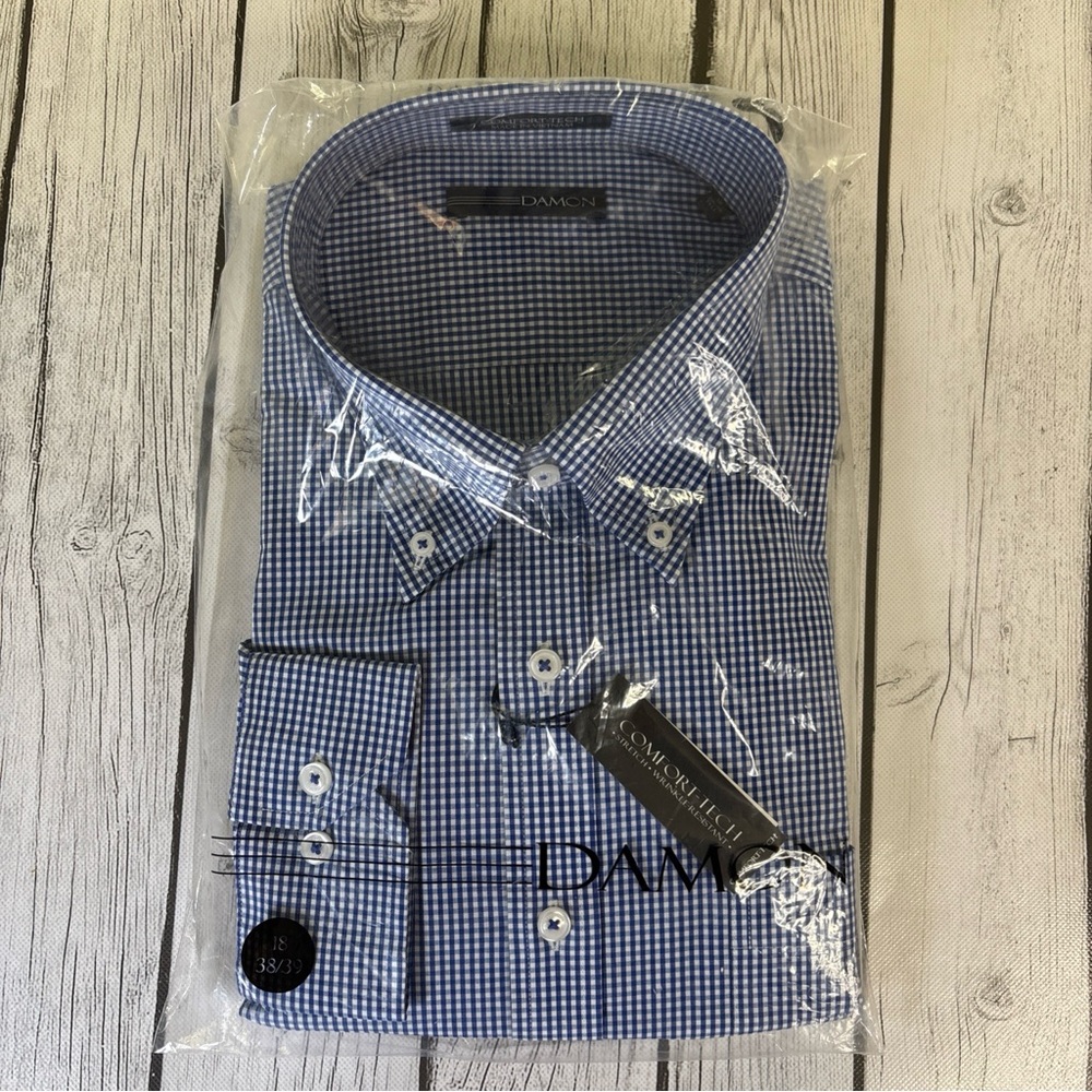 Damon Comfort-Tech Men’s 18-38/39 Tall L/S Dress Shirt Blue & White Gingham.